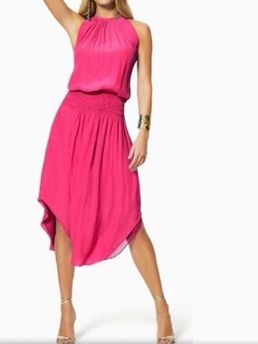 Ramy Brook Audrey Smocked Midi Dress Size Large Paradise Pink Halter New NWT